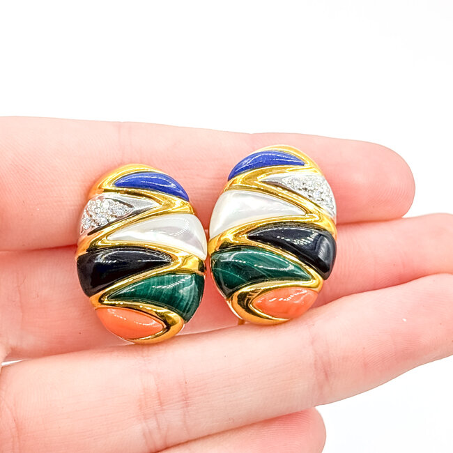 Earrings Omega Back .20ctw Round Diamonds 14x6mm Lapis, MOP, Onyx, Malachite, Coral 14ky 1.1x.75" 16.54g 225120007
