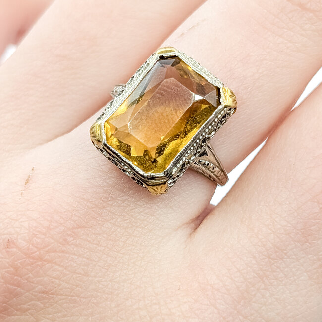 Ring Art Deco Filigree 8ct Orange Glass 14ktt 16.5mm Sz6.25 3.93g 225120020