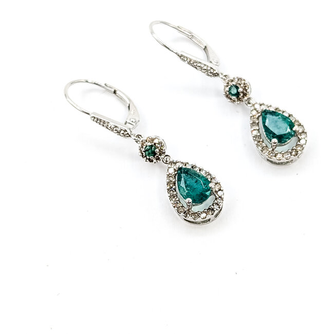 Earrings Drop Halo 0.32ctw Round Diamonds 1.4ctw Emerald 14kw 33.4mm x 8.5mm 2.9g 225110047