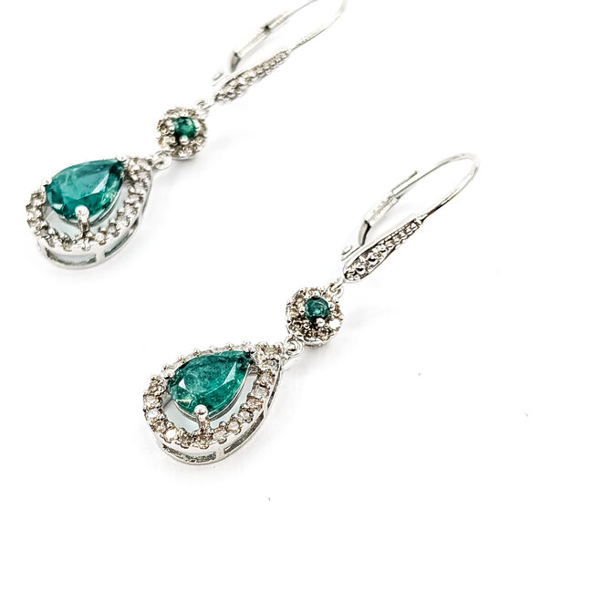 Earrings Drop Halo 0.32ctw Round Diamonds 1.4ctw Emerald 14kw 33.4mm x 8.5mm 2.9g 225110047