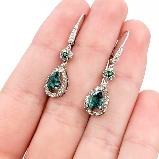 Earrings Drop Halo 0.32ctw Round Diamonds 1.4ctw Emerald 14kw 33.4mm x 8.5mm 2.9g 225110047