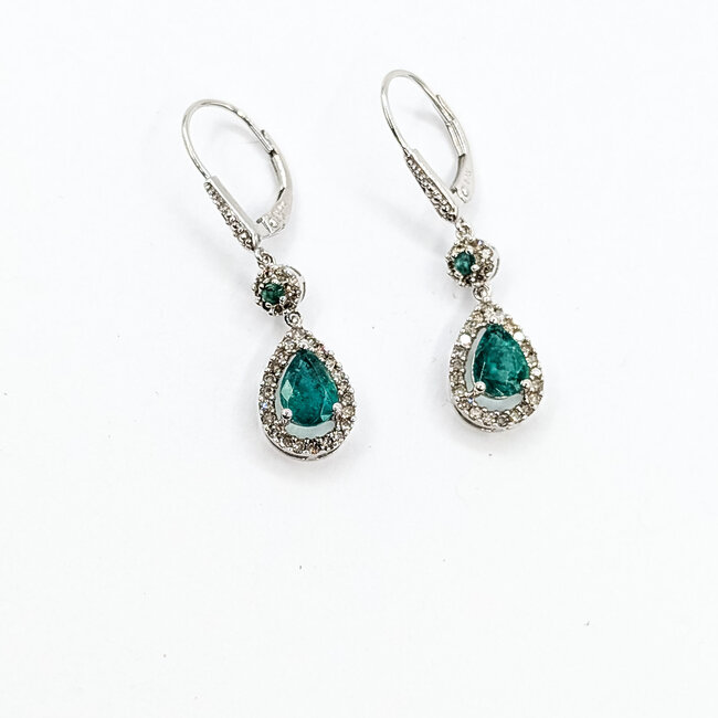 Earrings Drop Halo 0.32ctw Round Diamonds 1.4ctw Emerald 14kw 33.4mm x 8.5mm 2.9g 225110047