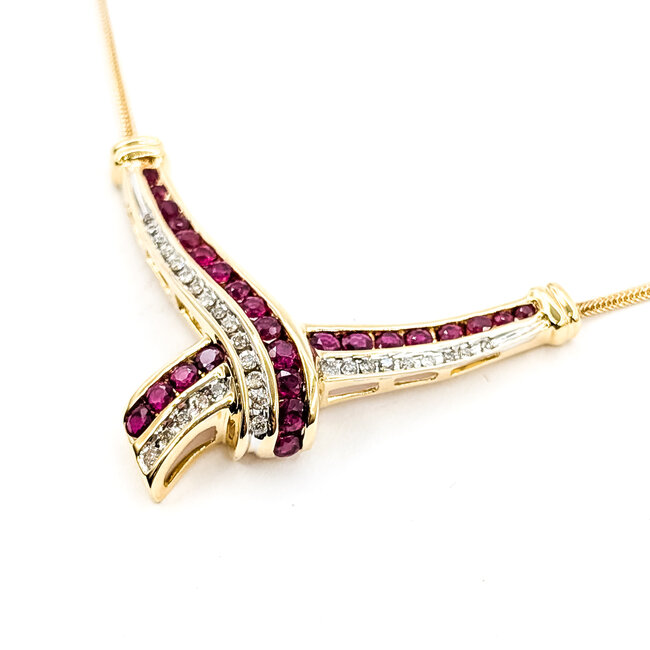 Necklace Cross Over 0.16ctw Round Diamonds 1ctw Ruby 14ky 30mm x 42.8mm 17" 7.9g 225110050