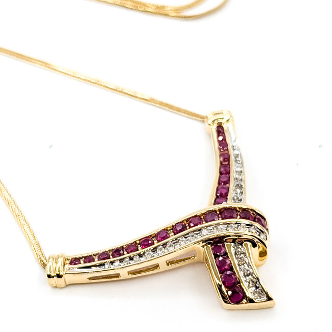 Necklace Cross Over 0.16ctw Round Diamonds 1ctw Ruby 14ky 30mm x 42.8mm 17" 7.9g 225110050