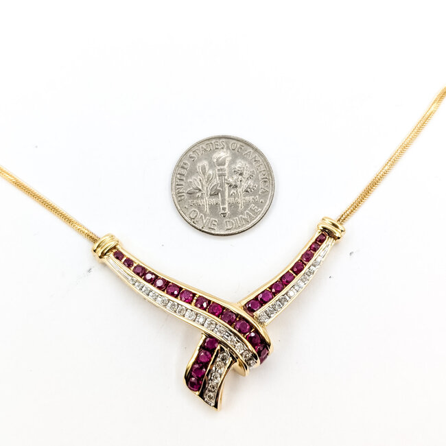 Necklace Cross Over 0.16ctw Round Diamonds 1ctw Ruby 14ky 30mm x 42.8mm 17" 7.9g 225110050