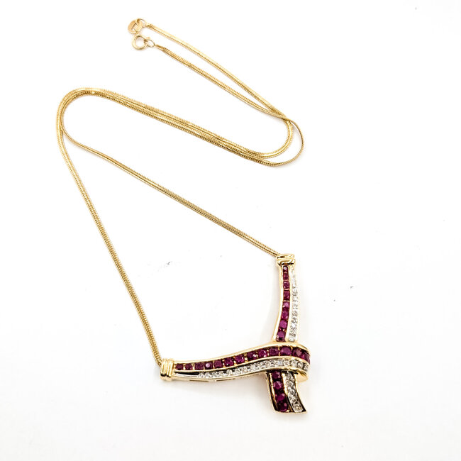 Necklace Cross Over 0.16ctw Round Diamonds 1ctw Ruby 14ky 30mm x 42.8mm 17" 7.9g 225110050