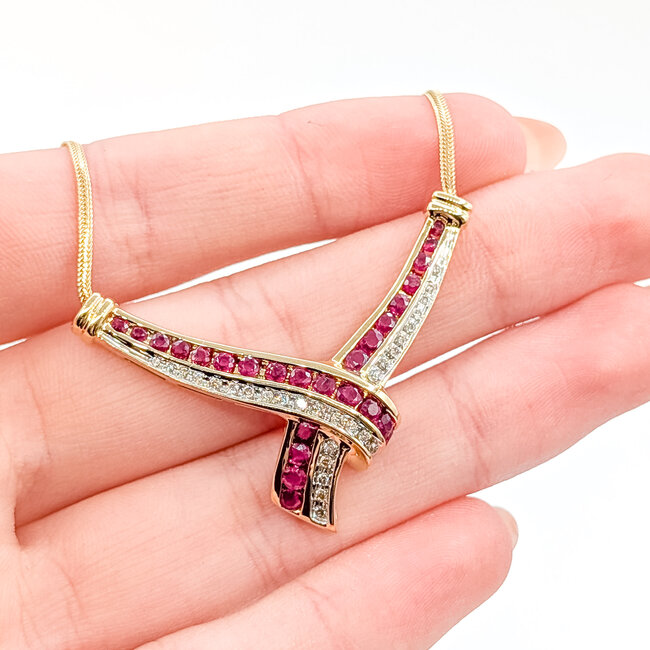Necklace Cross Over 0.16ctw Round Diamonds 1ctw Ruby 14ky 30mm x 42.8mm 17" 7.9g 225110050