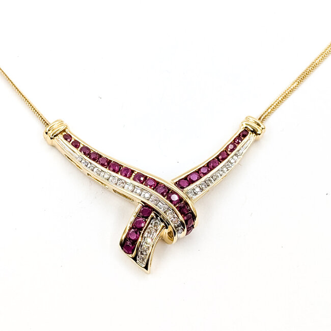 Necklace Cross Over 0.16ctw Round Diamonds 1ctw Ruby 14ky 30mm x 42.8mm 17" 7.9g 225110050