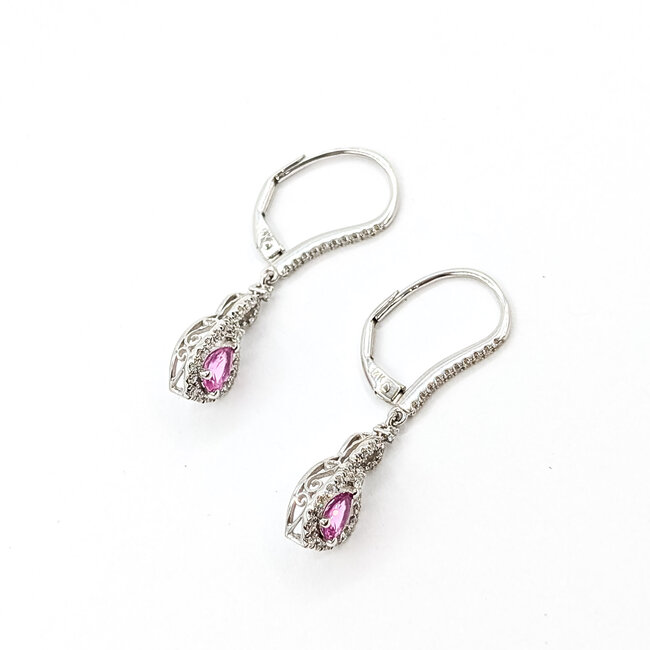 Earrings Lever Back Dangle 0.35ctw Round Diamonds 0.72ctw Pink Sapphire 14kw 1.25x.3" 2.77g 225110138