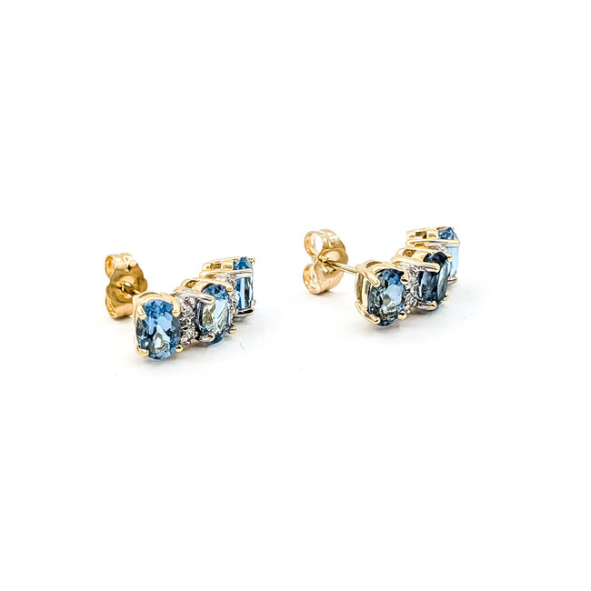 Earrings Stud 3-Stone .04ctw Round Diamonds 2.00ctw London Blue Topaz 14ky 16x6mm 3.43g 125110143