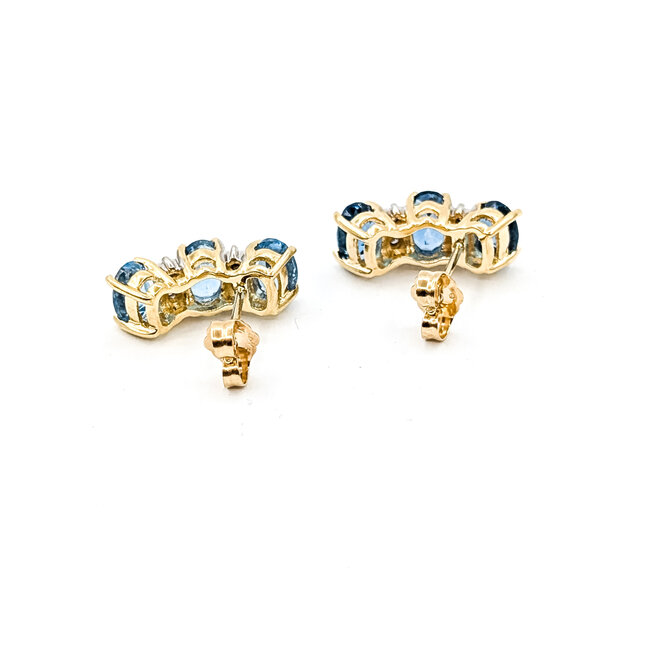 Earrings Stud 3-Stone .04ctw Round Diamonds 2.00ctw London Blue Topaz 14ky 16x6mm 3.43g 125110143