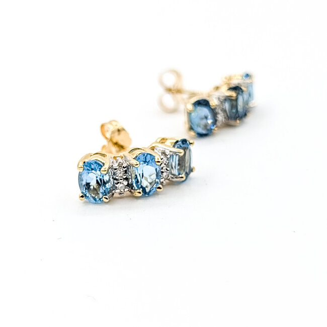 Earrings Stud 3-Stone .04ctw Round Diamonds 2.00ctw London Blue Topaz 14ky 16x6mm 3.43g 125110143