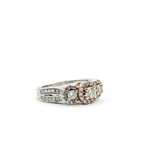 Ring 3-Stone Halo Milgrain & Wheat 1.00ctw Round Diamonds 14ktt 4.75mm Sz5.5 5.27g 125120002