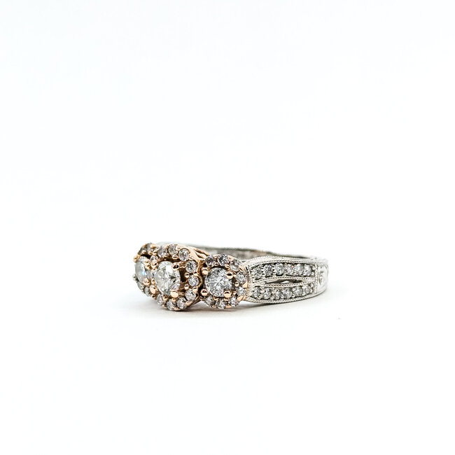Ring 3-Stone Halo Milgrain & Wheat 1.00ctw Round Diamonds 14ktt 4.75mm Sz5.5 5.27g 125120002