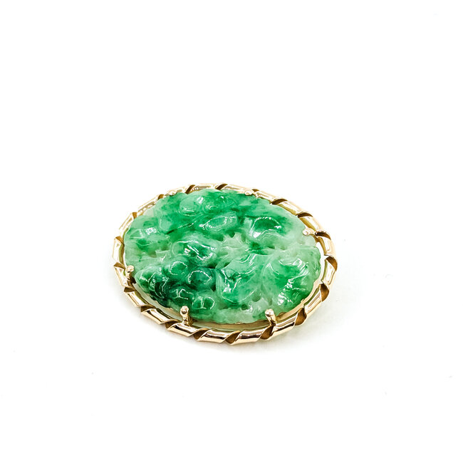 Brooch Carved Jade 14ky 40mmx30mm 8.2g 225120037