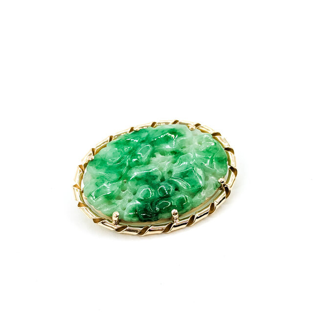 Brooch Carved Jade 14ky 40mmx30mm 8.2g 225120037