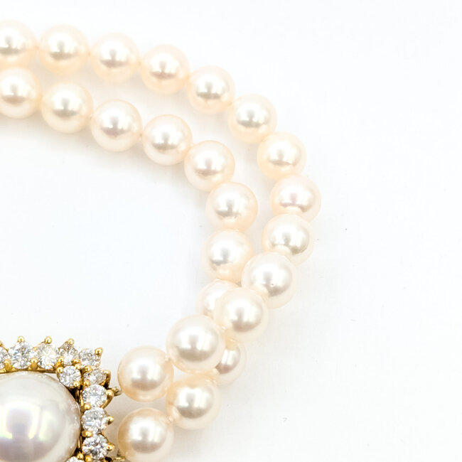 Bracelet Double Strand 2.00ctw Round Diamonds 13mm, 7mm South Sea Pearl 18ky 15mm 7.5" 37.95g 225120006