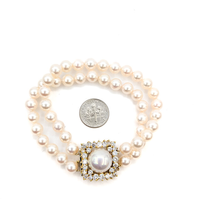 Bracelet Double Strand 2.00ctw Round Diamonds 13mm, 7mm South Sea Pearl 18ky 15mm 7.5" 37.95g 225120006