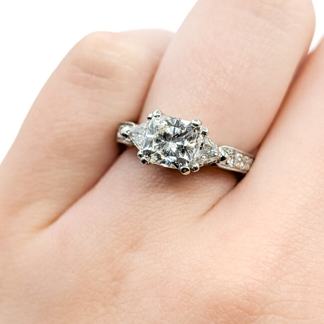 Ring Engagement Engraved 1.46ct Lab Grown Diamond IGI: 647445782  .65ctw Round & Trillion Diamonds Diamonds 950pt sz6.5 124020184