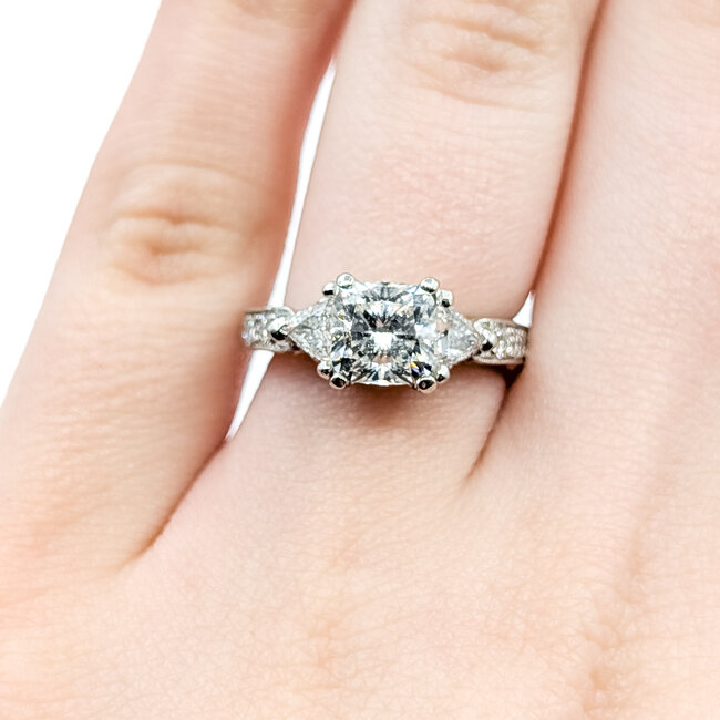 Ring Engagement Engraved 1.46ct Lab Grown Diamond IGI: 647445782  .65ctw Round & Trillion Diamonds Diamonds 950pt sz6.5 124020184