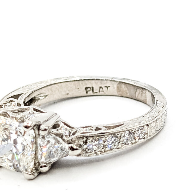 Ring Engagement Engraved 1.46ct Lab Grown Diamond IGI: 647445782  .65ctw Round & Trillion Diamonds Diamonds 950pt sz6.5 124020184
