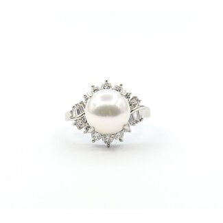 Ring Bypass 0.63ctw Round & Baguette Diamonds 9mm South Sea Pearl Pt900 Sz6 7.39g 126010032