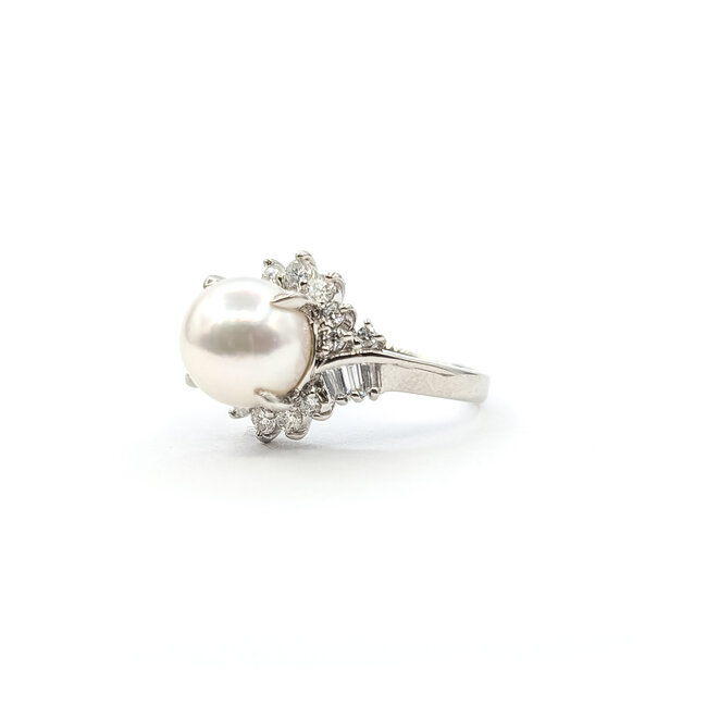Ring Bypass 0.63ctw Round & Baguette Diamonds 9mm South Sea Pearl Pt900 Sz6 7.39g 126010032