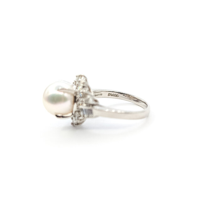 Ring Bypass 0.63ctw Round & Baguette Diamonds 9mm South Sea Pearl Pt900 Sz6 7.39g 126010032
