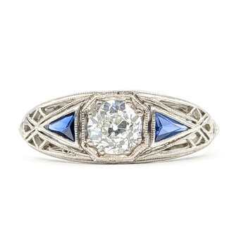 Ring Art Deco Filigree .40ct Old Mine Diamonds Sapphires Plat Sz8 2.9g 226012008