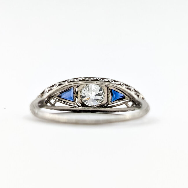 Ring Art Deco Filigree .40ct Old Mine Diamonds Sapphires Plat Sz8 2.9g 226012008