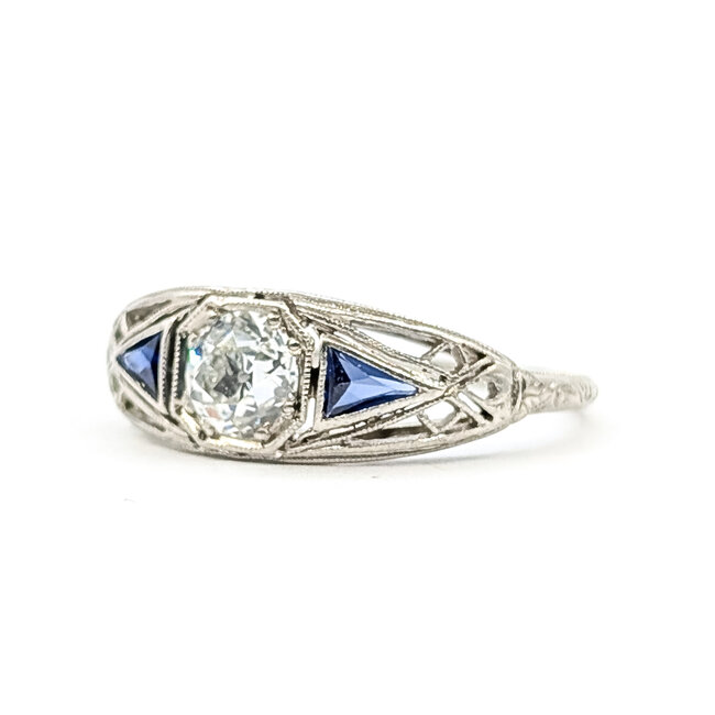 Ring Art Deco Filigree .40ct Old Mine Diamonds Sapphires Plat Sz8 2.9g 226012008