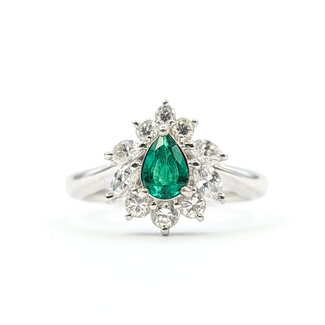 Ring Pear Halo 0.55ctw Round & Marquise Diamonds .55ct Green Emerald Pt900 Sz6 6.14g 126010028