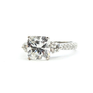 Ring 3-Stone Engagement 3ct Cushion Lab Grown Diamond IGI: 752514910  .75ctw Diamonds 18kw 2.9mm Sz6.25 4.66g 125090013