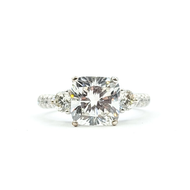Ring 3-Stone Engagement 3ct Cushion Lab Grown Diamond IGI: 752514910  .75ctw Diamonds 18kw 2.9mm Sz6.25 4.66g 125090013