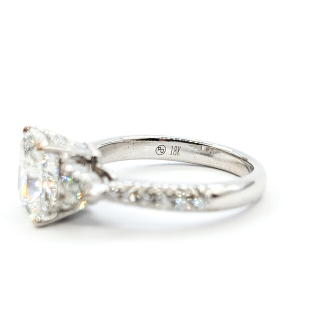 Ring 3-Stone Engagement 3ct Cushion Lab Grown Diamond IGI: 752514910  .75ctw Diamonds 18kw 2.9mm Sz6.25 4.66g 125090013