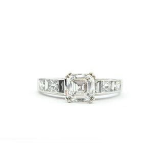 Ring Engagement 1.10ct Asscher Lab Grown Diamond IGI: LG718504428 .56ctw Princess & Baguette Diamonds 18kw Sz6 123120108