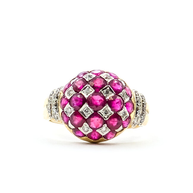 Ring Checkerboard Dome .17ctw Round Diamonds 1.00ctw Red Ruby 18ky 12mm Sz6 4.56g 226012001