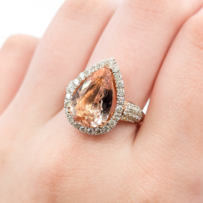 Ring Cocktail Halo 1.08ctw Round Diamonds 3.72ct Peachy Pink Morganite 14kr 20mm Sz7.5 5.7g 226012038
