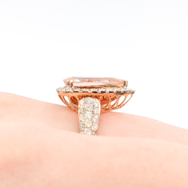 Ring Cocktail Halo 1.08ctw Round Diamonds 3.72ct Peachy Pink Morganite 14kr 20mm Sz7.5 5.7g 226012038