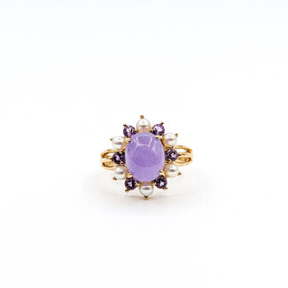 Ring 10mm x 8mm Lavendar Jade .18ctw Amethyst Pearls 14ky Sz7 4.2g 226012033