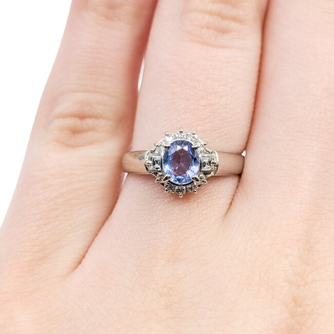 Ring Halo 0.27ctw Round & Baguette Diamonds 0.8ct Pastel Blue Sapphire Pt850 Sz5.75 4.54g 126010033
