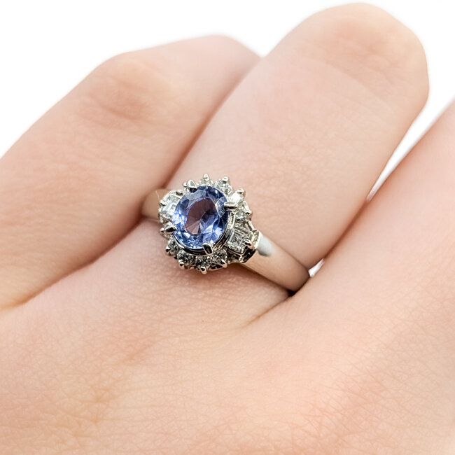 Ring Halo 0.27ctw Round & Baguette Diamonds 0.8ct Pastel Blue Sapphire Pt850 Sz5.75 4.54g 126010033
