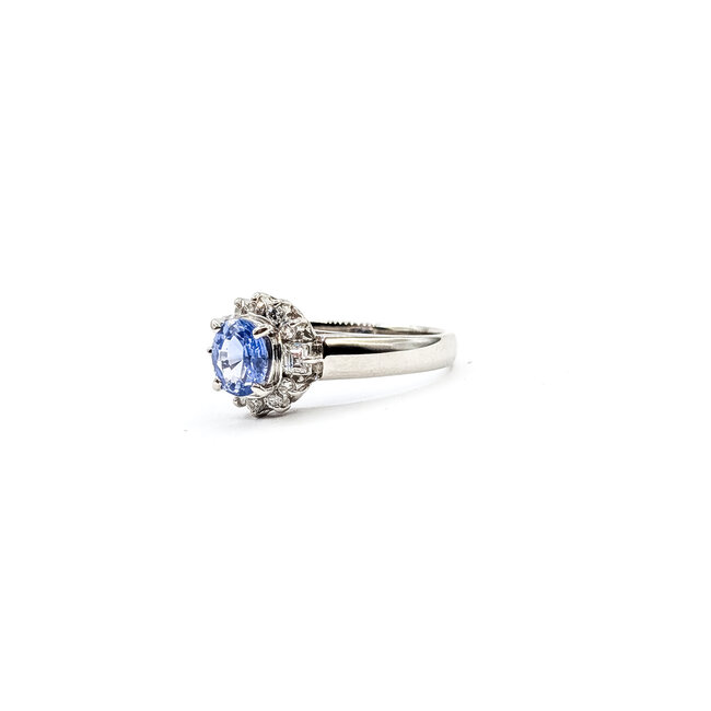 Ring Halo 0.27ctw Round & Baguette Diamonds 0.8ct Pastel Blue Sapphire Pt850 Sz5.75 4.54g 126010033
