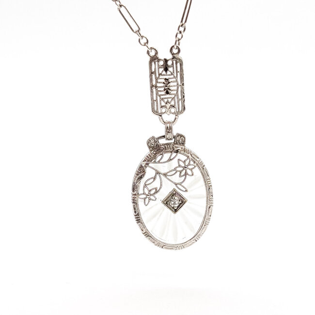 Necklace Art Deco Camphor Glass .04ct Round Diamond Plat 43mm 16" 4.9g 226012010