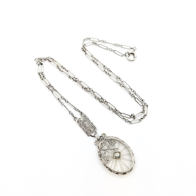 Necklace Art Deco Camphor Glass .04ct Round Diamond Plat 43mm 16" 4.9g 226012010