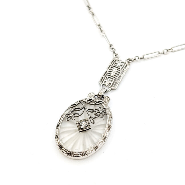 Necklace Art Deco Camphor Glass .04ct Round Diamond Plat 43mm 16" 4.9g 226012010