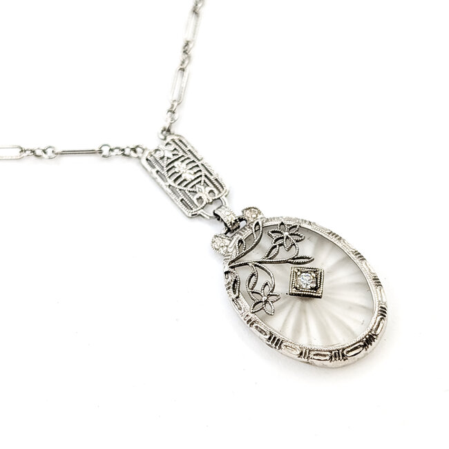 Necklace Art Deco Camphor Glass .04ct Round Diamond Plat 43mm 16" 4.9g 226012010