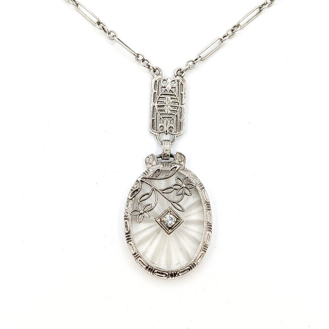 Necklace Art Deco Camphor Glass .04ct Round Diamond Plat 43mm 16" 4.9g 226012010