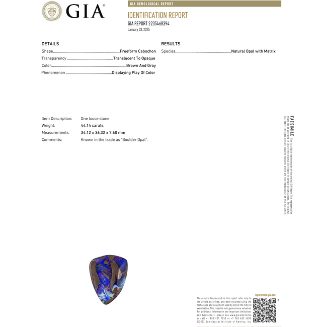 Loose Gemstone GIA 44.14 Freeform Boulder Opal 226017000