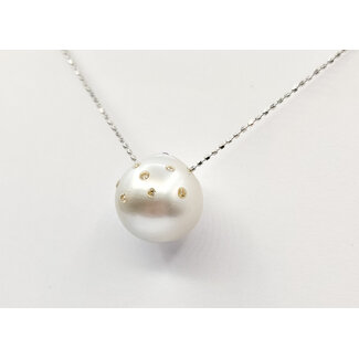 Necklace Adjustable Length .08ctw Round Diamonds .02ct Red Ruby 13.5mm Cultured Pearl 18kw 15-17" 4.94g 126010020